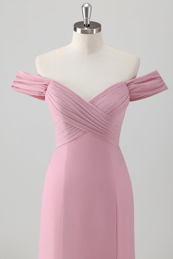Rosa Meerjungfrau Schulterfrei Langes Brautjungfernkleid mit Schlitz