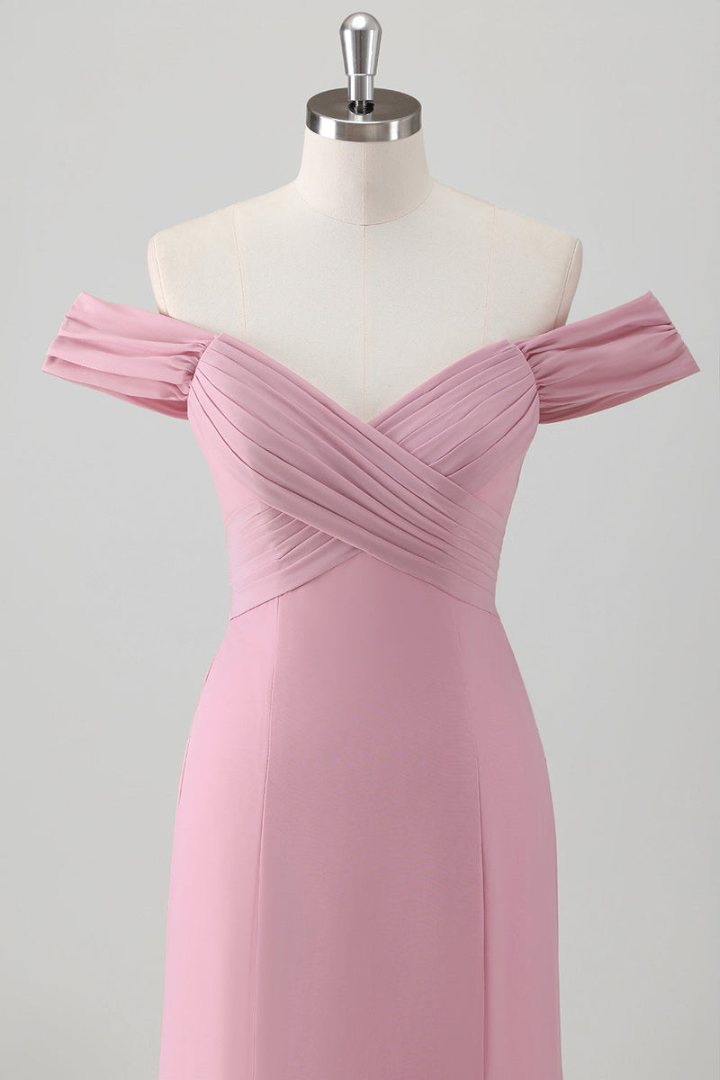 Laden Sie das Bild in den Galerie-Viewer, Rosa Meerjungfrau Schulterfrei Langes Brautjungfernkleid mit Schlitz