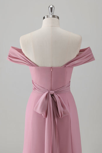 Rosa Meerjungfrau Schulterfrei Langes Brautjungfernkleid mit Schlitz