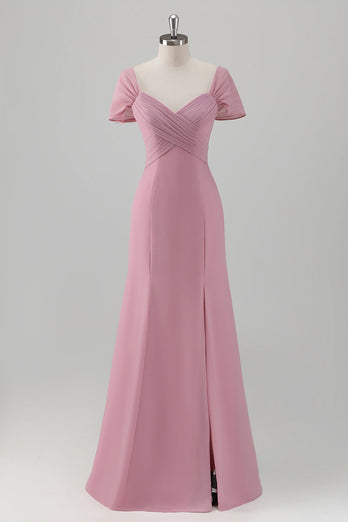 Rosa Meerjungfrau Schulterfrei Langes Brautjungfernkleid mit Schlitz