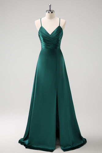 Dunkelgrünes A-Linie Satin Langes Brautjungfernkleid mit Rüsche und Schnürung