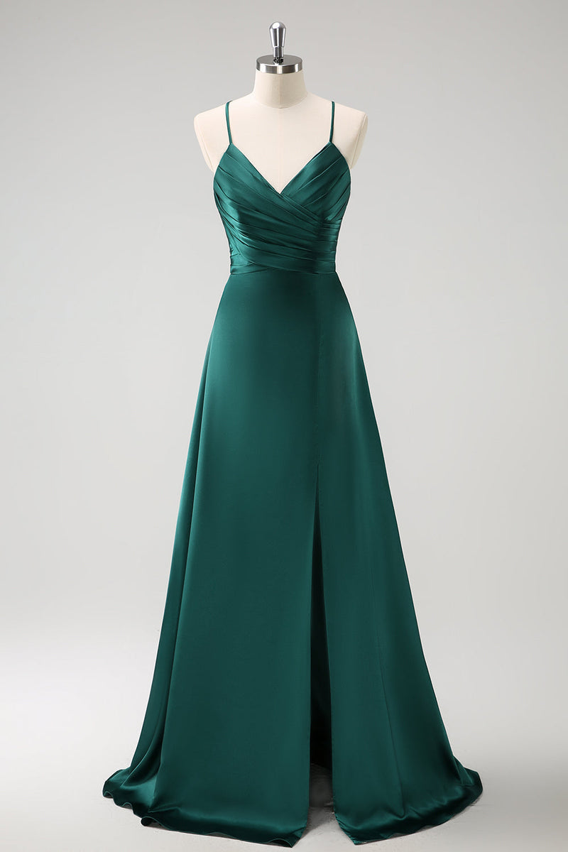 Laden Sie das Bild in den Galerie-Viewer, Dunkelgrünes A-Linie Satin Langes Brautjungfernkleid mit Rüsche und Schnürung