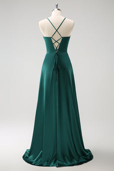 Dunkelgrünes A-Linie Satin Langes Brautjungfernkleid mit Rüsche und Schnürung