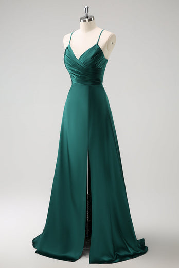 Dunkelgrünes A-Linie Satin Langes Brautjungfernkleid mit Rüsche und Schnürung