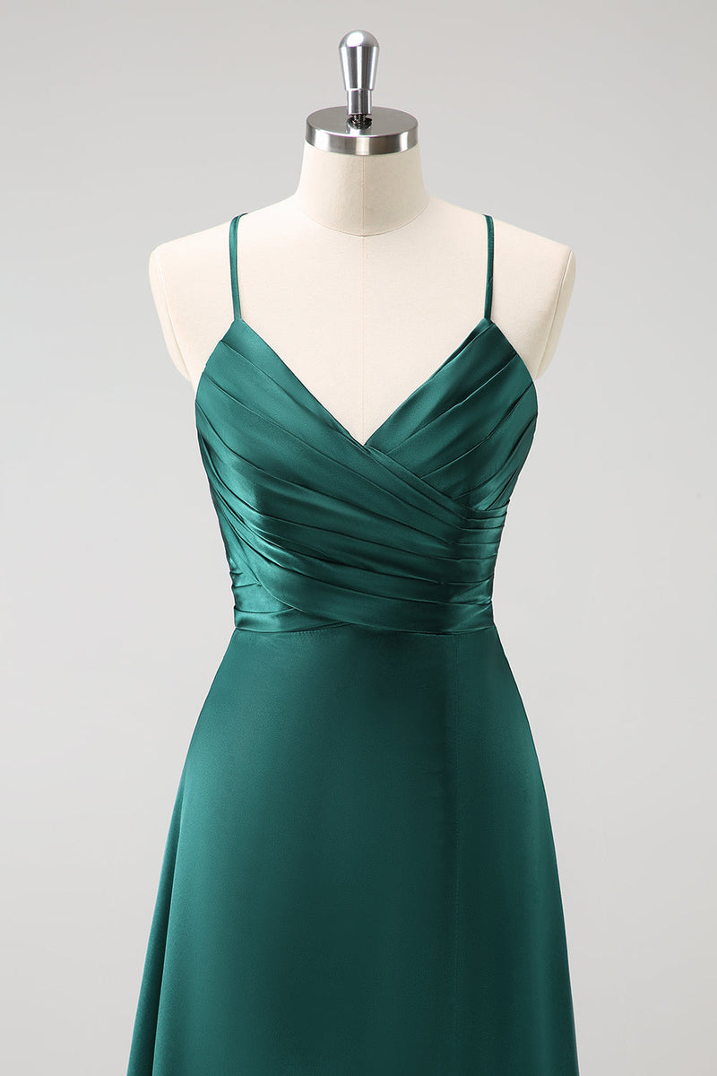 Laden Sie das Bild in den Galerie-Viewer, Dunkelgrünes A-Linie Satin Langes Brautjungfernkleid mit Rüsche und Schnürung