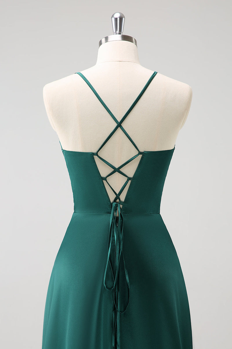 Laden Sie das Bild in den Galerie-Viewer, Dunkelgrünes A-Linie Satin Langes Brautjungfernkleid mit Rüsche und Schnürung