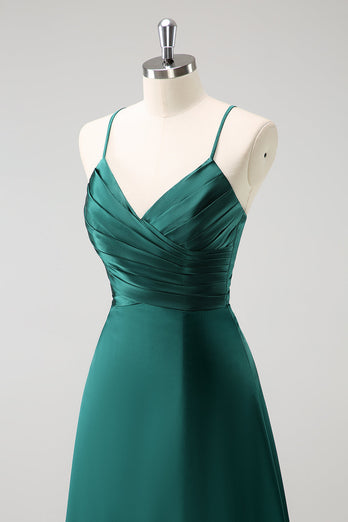 Dunkelgrünes A-Linie Satin Langes Brautjungfernkleid mit Rüsche und Schnürung