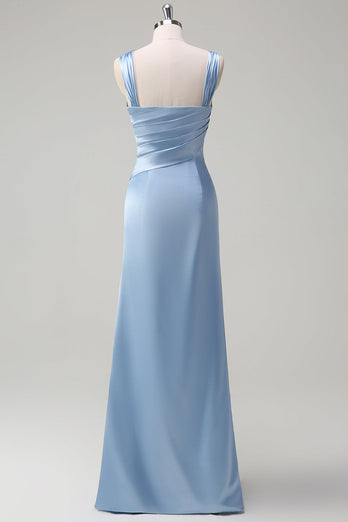 Elegantes Himmelblau Plissee Langes Brautjungfernkleider mit Schlitz