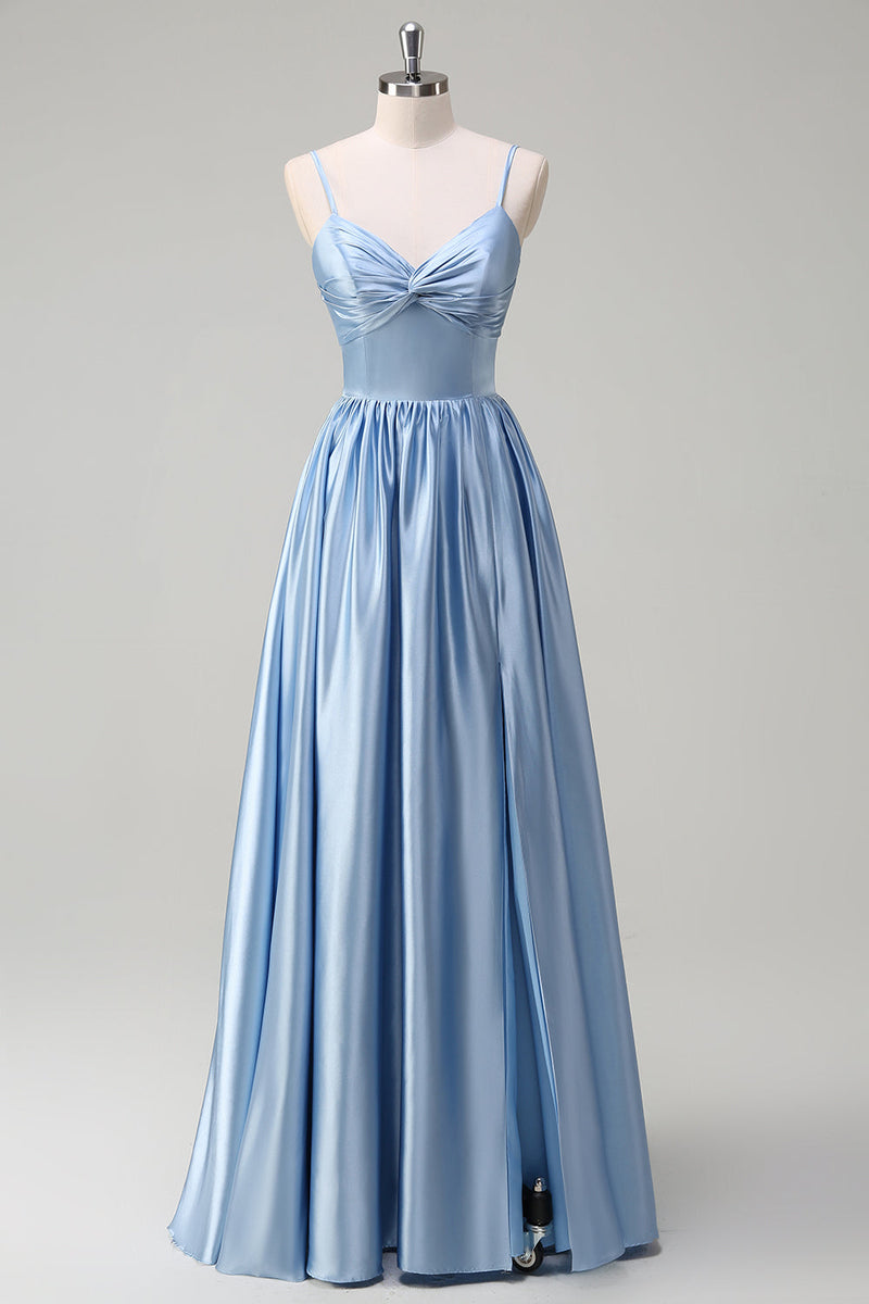 Laden Sie das Bild in den Galerie-Viewer, Himmelblaues Spaghettiträger A-Linie Langes Brautjungfernkleid