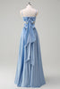 Laden Sie das Bild in den Galerie-Viewer, Himmelblaues Spaghettiträger A-Linie Langes Brautjungfernkleid