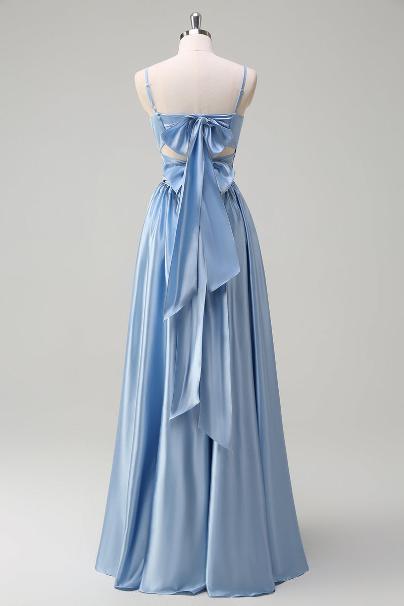 Laden Sie das Bild in den Galerie-Viewer, Himmelblaues Spaghettiträger A-Linie Langes Brautjungfernkleid