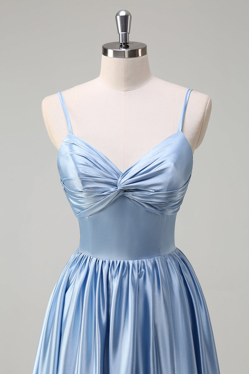 Laden Sie das Bild in den Galerie-Viewer, Himmelblaues Spaghettiträger A-Linie Langes Brautjungfernkleid