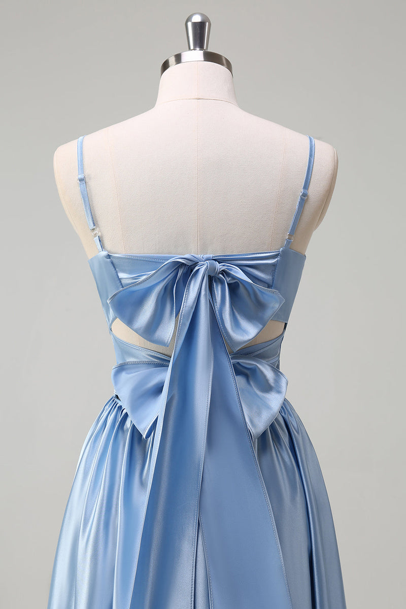 Laden Sie das Bild in den Galerie-Viewer, Himmelblaues Spaghettiträger A-Linie Langes Brautjungfernkleid