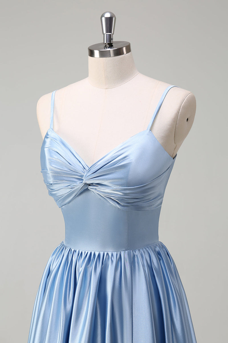 Laden Sie das Bild in den Galerie-Viewer, Himmelblaues Spaghettiträger A-Linie Langes Brautjungfernkleid
