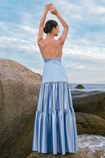 Himmelblau A Linie Rückenfreiem Satin Langes Brautjungfernkleid