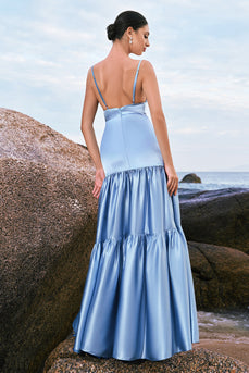 Himmelblau A Linie Rückenfreiem Satin Langes Brautjungfernkleid