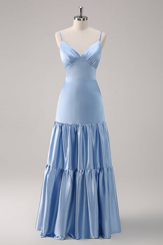 Himmelblaues Spaghettiträger Langes Satin Brautjungfernkleid