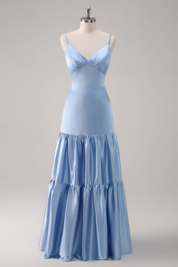 Himmelblaues Spaghettiträger Langes Satin Brautjungfernkleid