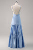 Laden Sie das Bild in den Galerie-Viewer, Himmelblaues Spaghettiträger Langes Satin Brautjungfernkleid