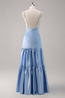 Himmelblaues Spaghettiträger Langes Satin Brautjungfernkleid