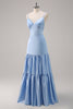 Laden Sie das Bild in den Galerie-Viewer, Himmelblaues Spaghettiträger Langes Satin Brautjungfernkleid