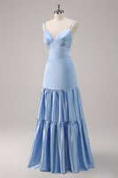 Laden Sie das Bild in den Galerie-Viewer, Himmelblaues Spaghettiträger Langes Satin Brautjungfernkleid