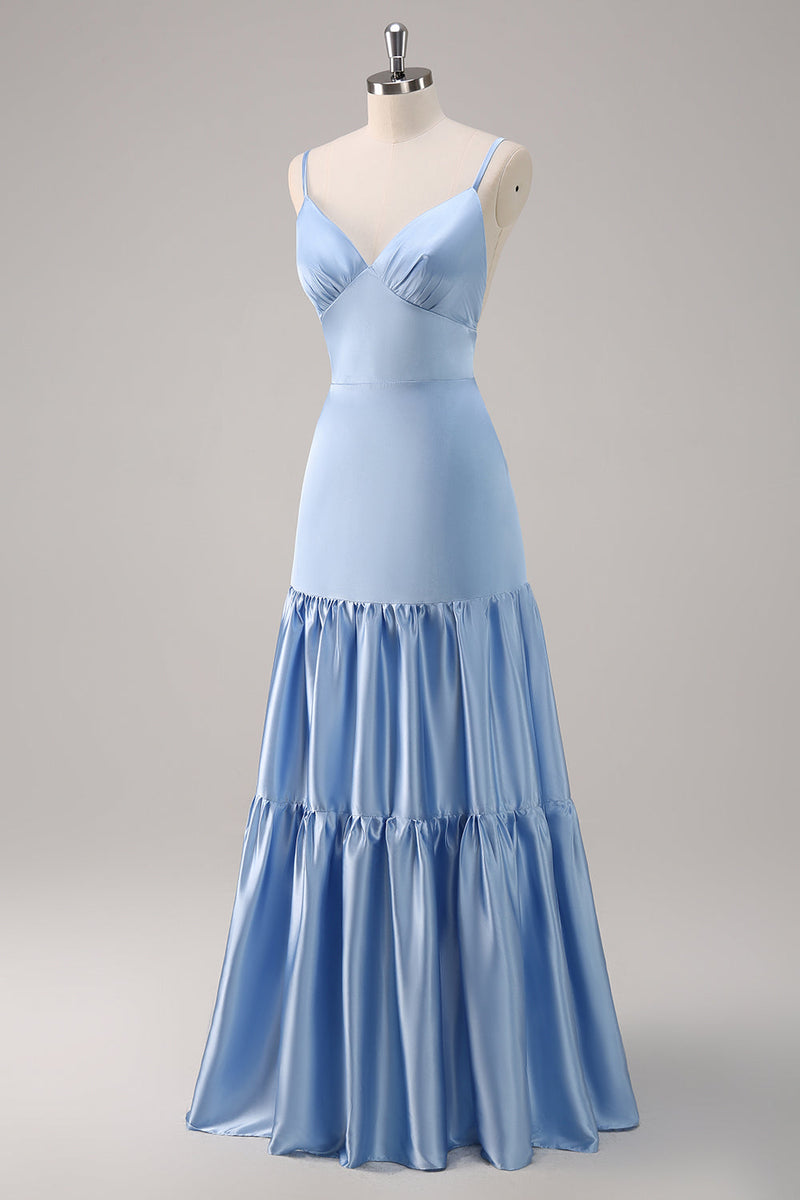 Laden Sie das Bild in den Galerie-Viewer, Himmelblaues Spaghettiträger Langes Satin Brautjungfernkleid