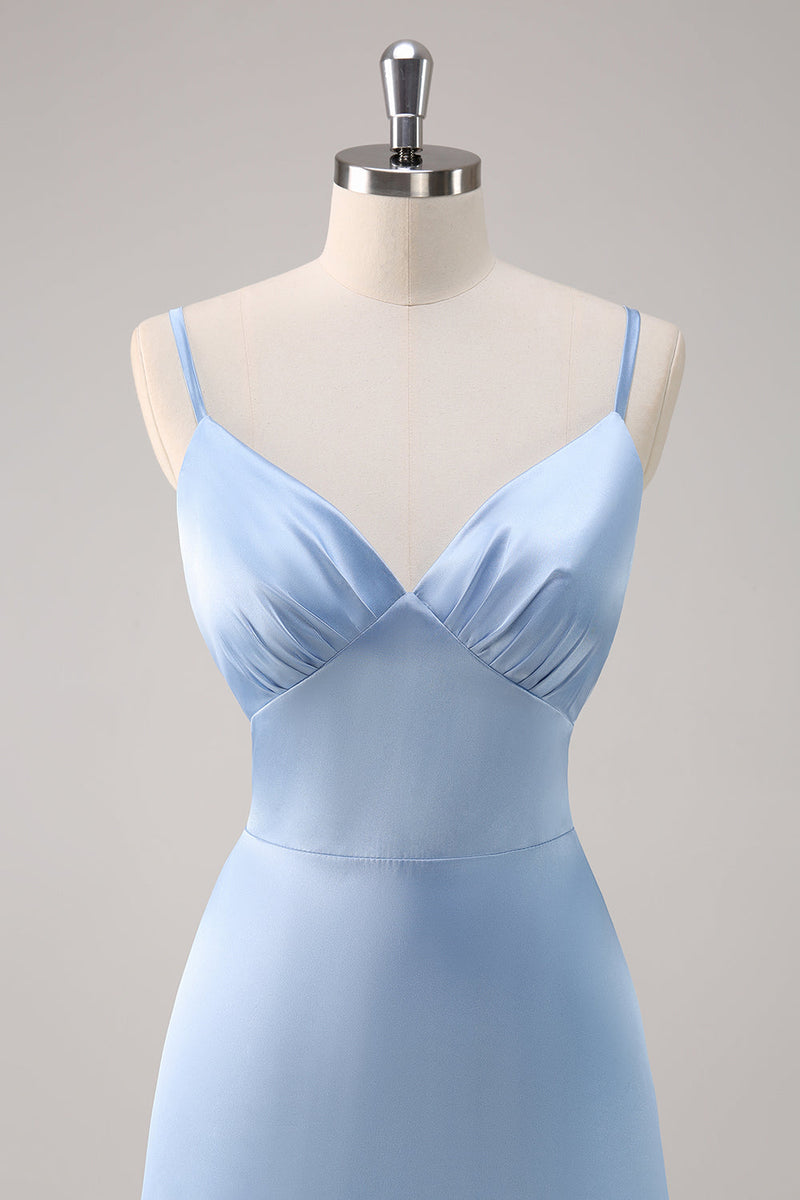 Laden Sie das Bild in den Galerie-Viewer, Himmelblaues Spaghettiträger Langes Satin Brautjungfernkleid