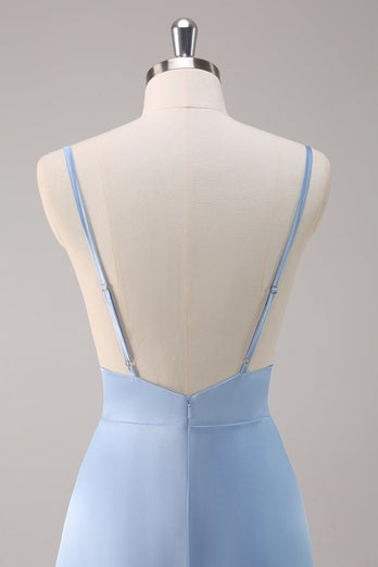 Himmelblaues Spaghettiträger Langes Satin Brautjungfernkleid