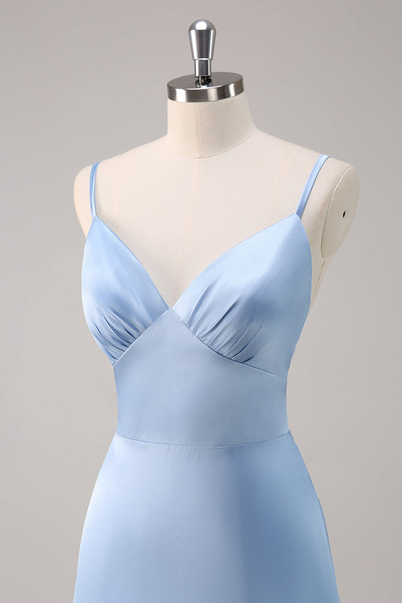 Laden Sie das Bild in den Galerie-Viewer, Himmelblaues Spaghettiträger Langes Satin Brautjungfernkleid