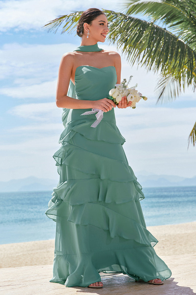 Laden Sie das Bild in den Galerie-Viewer, Eukalyptus A Line Trägerloses Gerüschtes Langes Brautjungfernkleid
