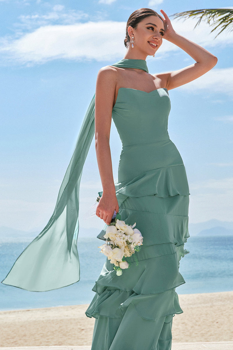 Laden Sie das Bild in den Galerie-Viewer, Eukalyptus A Line Trägerloses Gerüschtes Langes Brautjungfernkleid