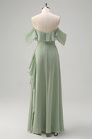 Laden Sie das Bild in den Galerie-Viewer, Hellgrünes Meerjungfrau Langes Brautjungfernkleid mit Rüschen Schlitz