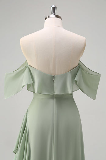 Hellgrünes Meerjungfrau Langes Brautjungfernkleid mit Rüschen Schlitz
