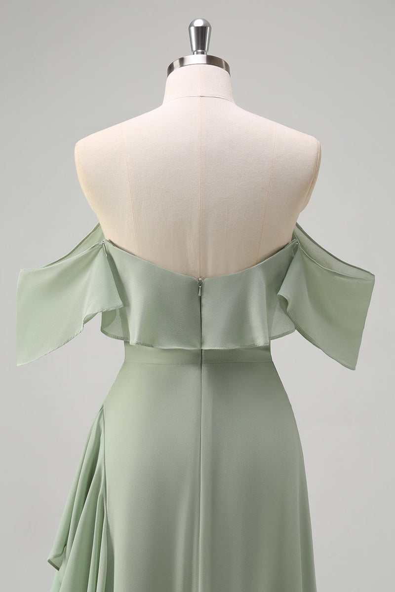 Laden Sie das Bild in den Galerie-Viewer, Hellgrünes Meerjungfrau Langes Brautjungfernkleid mit Rüschen Schlitz