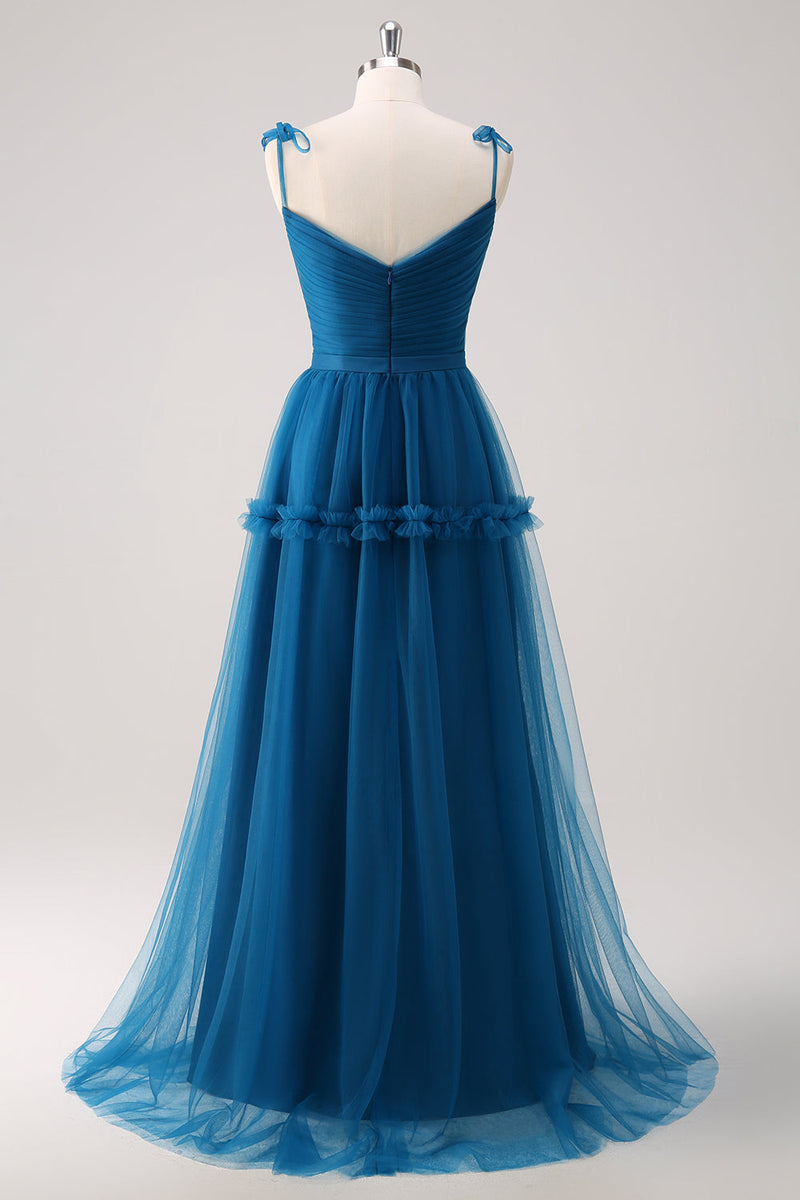 Laden Sie das Bild in den Galerie-Viewer, Dunkelblaues A Linien Tüll Spaghettiträgern Lange Brautjungfernkleid