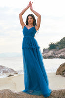 Laden Sie das Bild in den Galerie-Viewer, Dunkelblaues A Linie Spaghettiträgern Langes Brautjungfernkleid