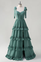 Laden Sie das Bild in den Galerie-Viewer, Eukalyptus A-Linie Chiffon Langes Brautjungfernkleid mit Rüschen Schlitz