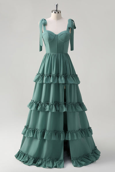 Eukalyptus A-Linie Chiffon Langes Brautjungfernkleid mit Rüschen Schlitz