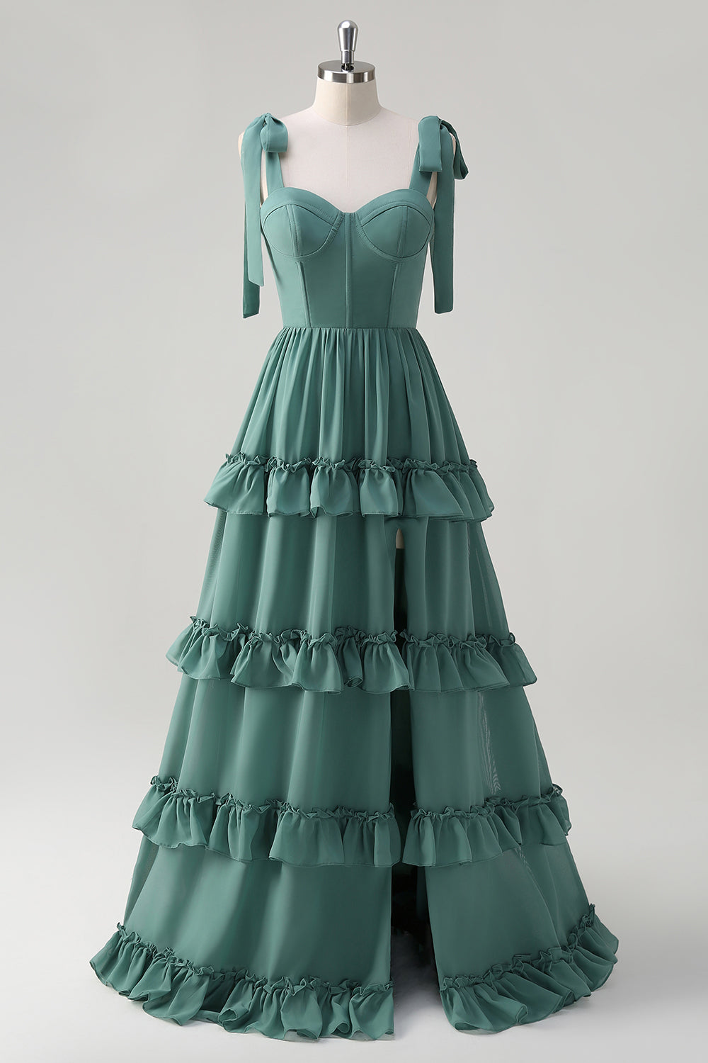 Eukalyptus A-Linie Chiffon Langes Brautjungfernkleid mit Rüschen Schlitz