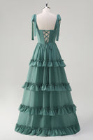 Laden Sie das Bild in den Galerie-Viewer, Eukalyptus A-Linie Chiffon Langes Brautjungfernkleid mit Rüschen Schlitz