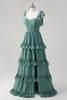 Laden Sie das Bild in den Galerie-Viewer, Eukalyptus A-Linie Chiffon Langes Brautjungfernkleid mit Rüschen Schlitz