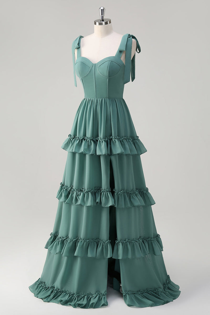 Laden Sie das Bild in den Galerie-Viewer, Eukalyptus A-Linie Chiffon Langes Brautjungfernkleid mit Rüschen Schlitz