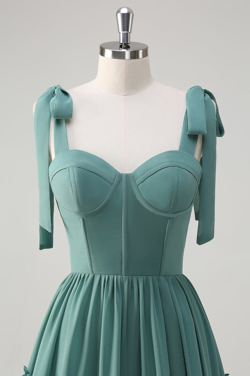 Laden Sie das Bild in den Galerie-Viewer, Eukalyptus A-Linie Chiffon Langes Brautjungfernkleid mit Rüschen Schlitz