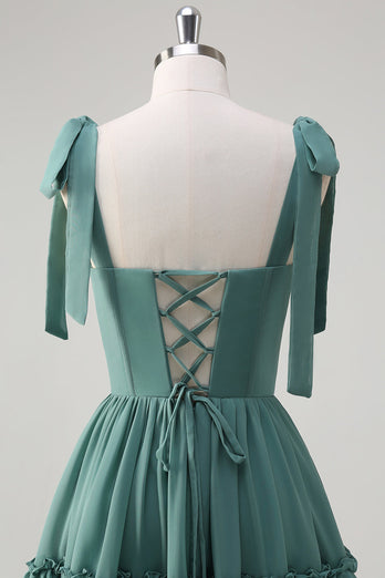 Eukalyptus A-Linie Chiffon Langes Brautjungfernkleid mit Rüschen Schlitz