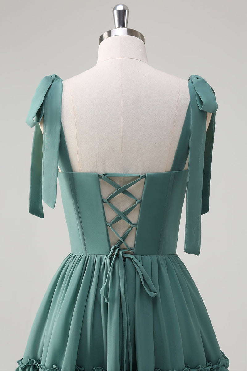 Laden Sie das Bild in den Galerie-Viewer, Eukalyptus A-Linie Chiffon Langes Brautjungfernkleid mit Rüschen Schlitz