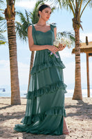 Laden Sie das Bild in den Galerie-Viewer, Eukalyptus A-Linie Fliege Träger Langes Brautjungfernkleid mit Schlitz