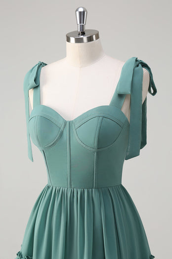 Eukalyptus A-Linie Chiffon Langes Brautjungfernkleid mit Rüschen Schlitz