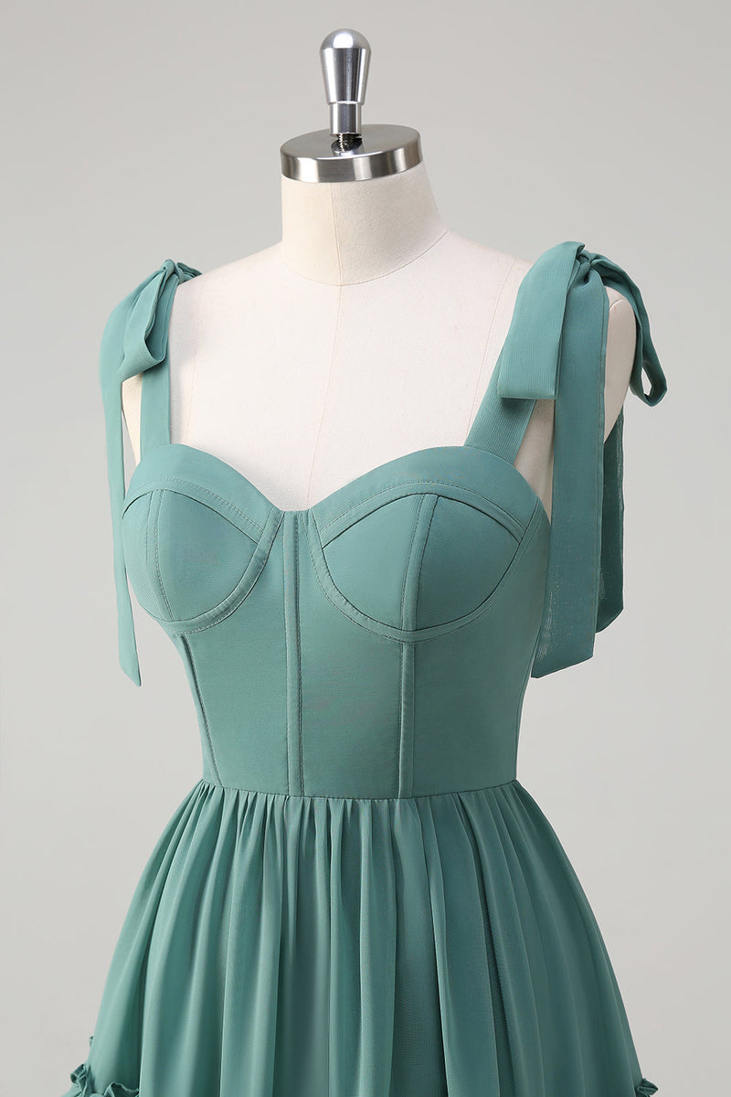 Laden Sie das Bild in den Galerie-Viewer, Eukalyptus A-Linie Chiffon Langes Brautjungfernkleid mit Rüschen Schlitz