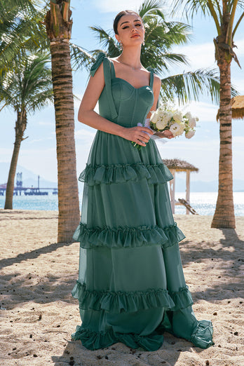 Eukalyptus A-Linie Fliege Träger Langes Brautjungfernkleid mit Schlitz